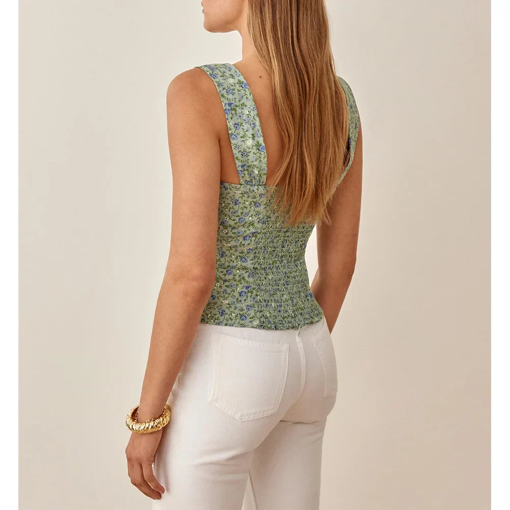 Boho Beach Vacation Floral Sweetheart Wide Strap Sleeveless Slim Crop Top