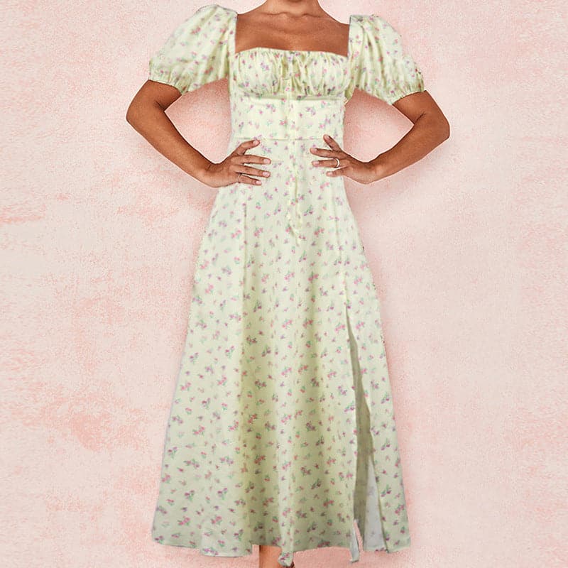 Square Neck Puff Sleeve Ruched Tie Front High Split Floral Maxi Dress - View 11