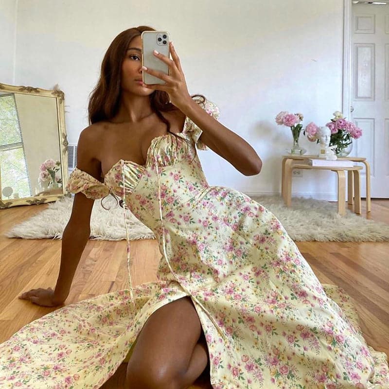 Square Neck Puff Sleeve Ruched Tie Front High Split Floral Maxi Dress - View 2