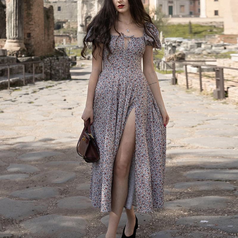 Square Neck Puff Sleeve Ruched Tie Front High Split Floral Maxi Dress - View 7