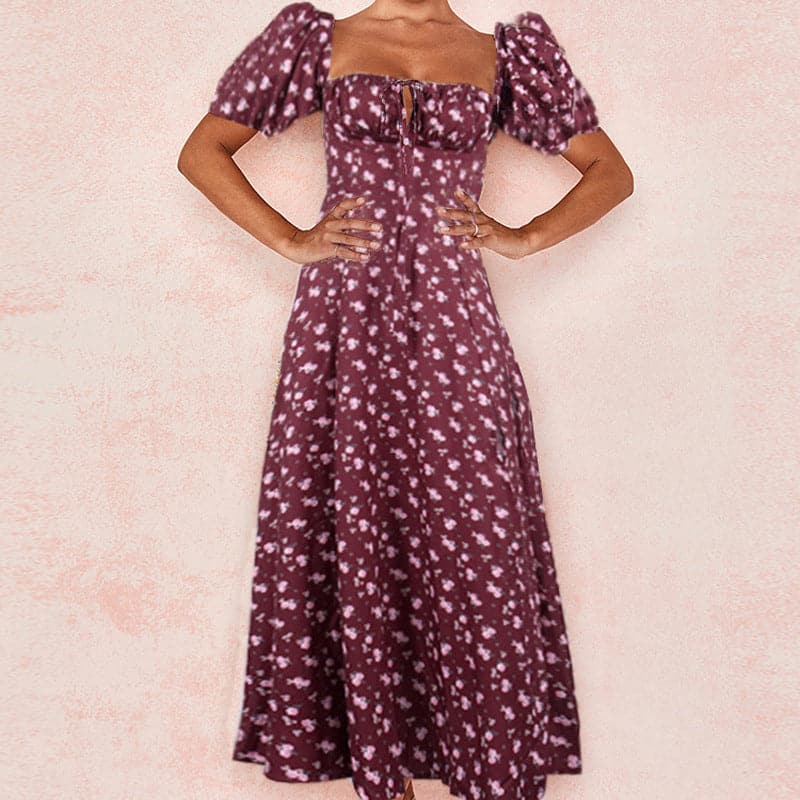Square Neck Puff Sleeve Ruched Tie Front High Split Floral Maxi Dress - View 13