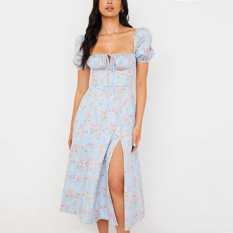 Square Neck Puff Sleeve Ruched Tie Front High Split Floral Maxi Dress - View 6