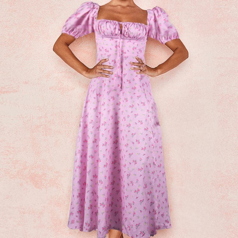 Square Neck Puff Sleeve Ruched Tie Front High Split Floral Maxi Dress - View 5