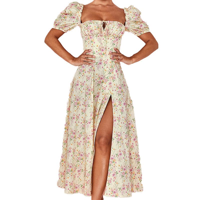 Square Neck Puff Sleeve Ruched Tie Front High Split Floral Maxi Dress - View 4