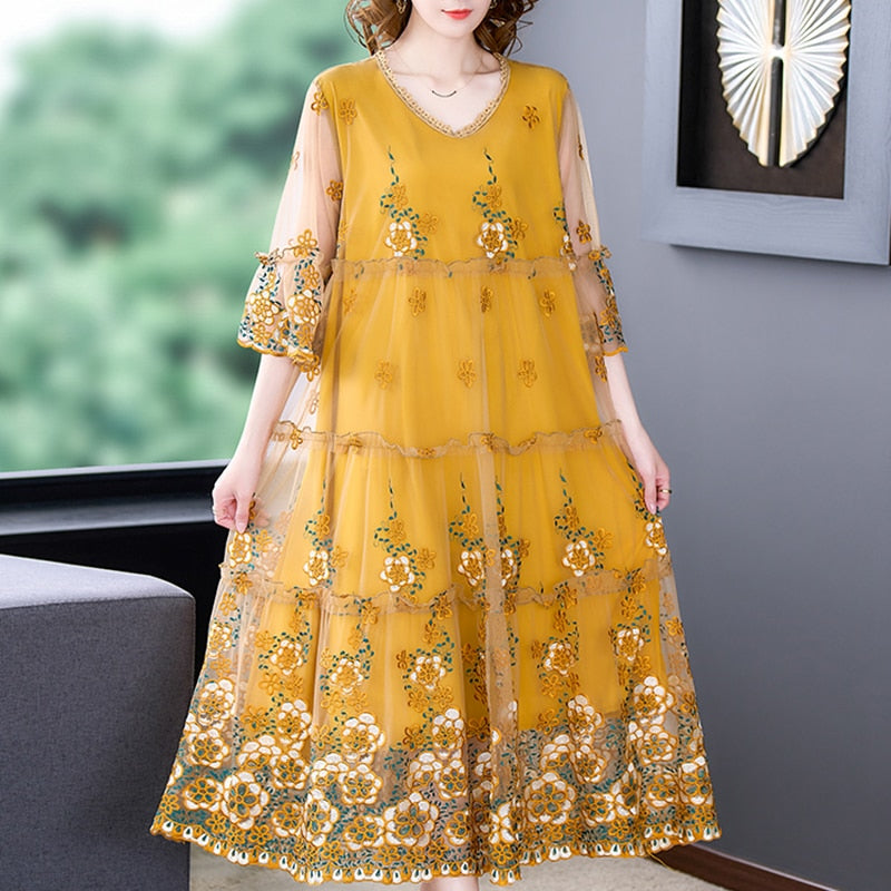 Mesh Overlay Floral Embroidery Tiered Bell Sleeve Midi Dress - View 5