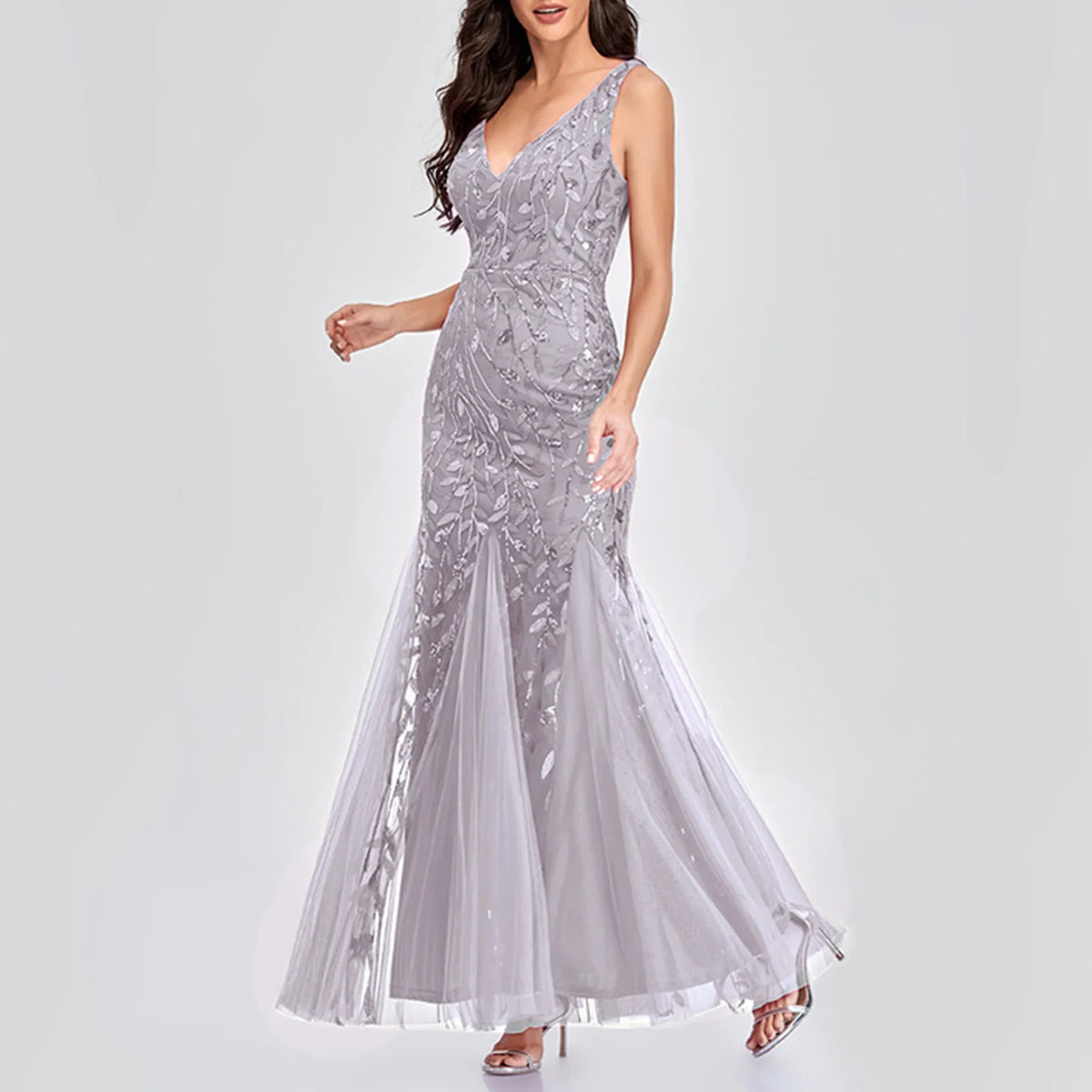 New Square-Collar Sequined Long-Sleeve Ruffle Hem Bodycon Evening Party Vestidos Dress Grey / S
