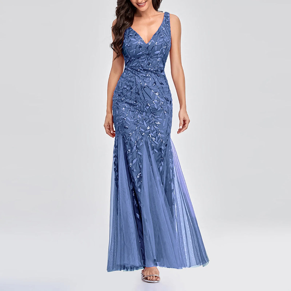 New Square-Collar Sequined Long-Sleeve Ruffle Hem Bodycon Evening Party Vestidos Dress Sky Blue / S
