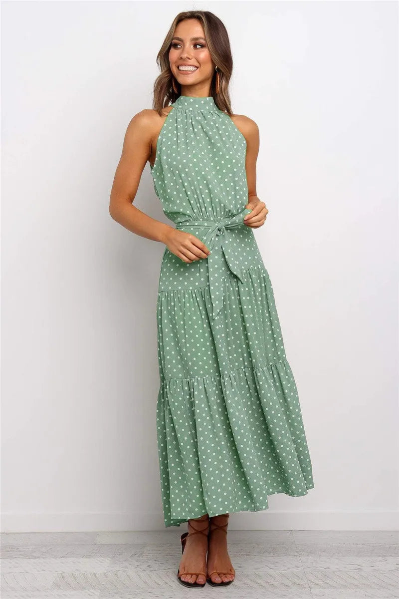 Summer Floral Print Halter Neck Beach Floral Dress