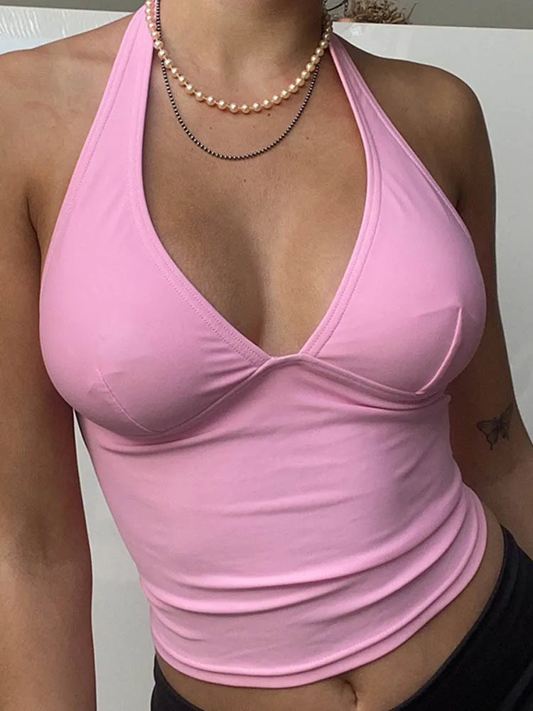 Pink V-Neck Halter Backless Skinny Corset Camisole Tank Top