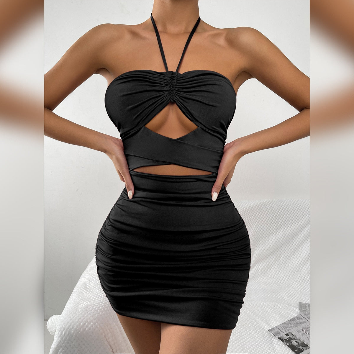 Jersey Halter Ruched Cutout Bodycon Mini Dress 2