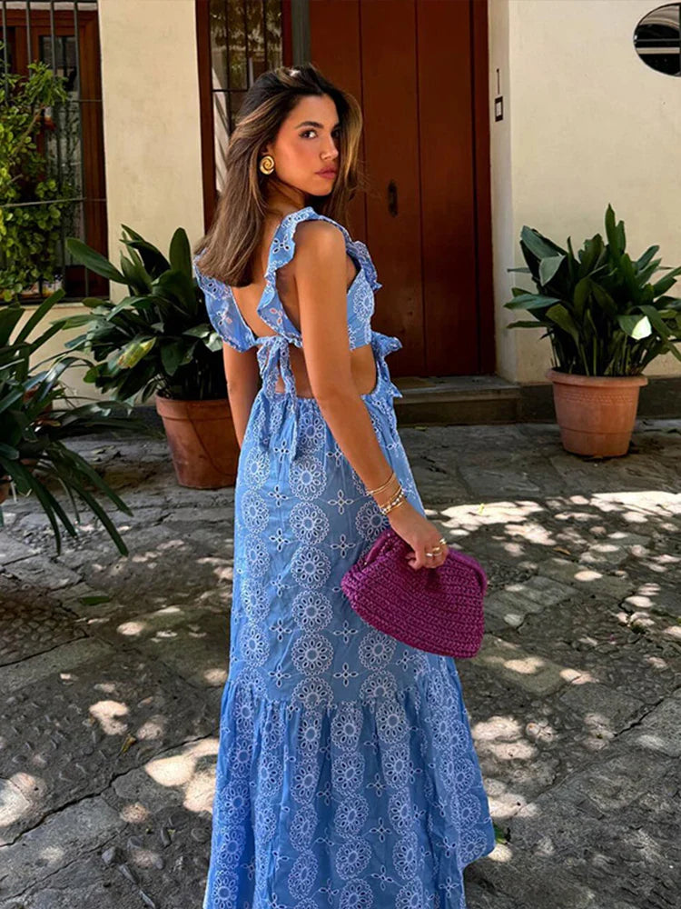 Hollow Out Embroidery Backless Ruffle Maxi Dress