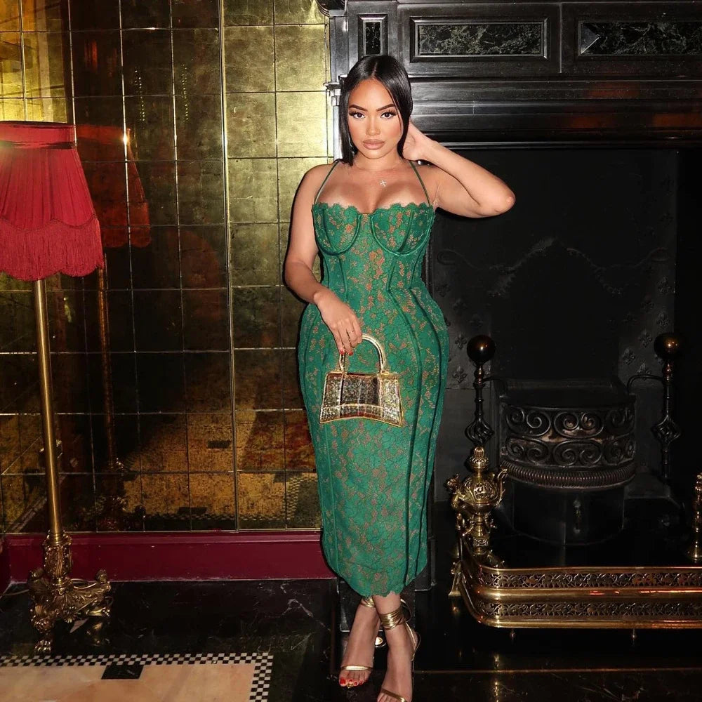 Elegant Spaghetti Strap V Neck Lace Formal Occasion Dress for Christmas Party - Fashionpara