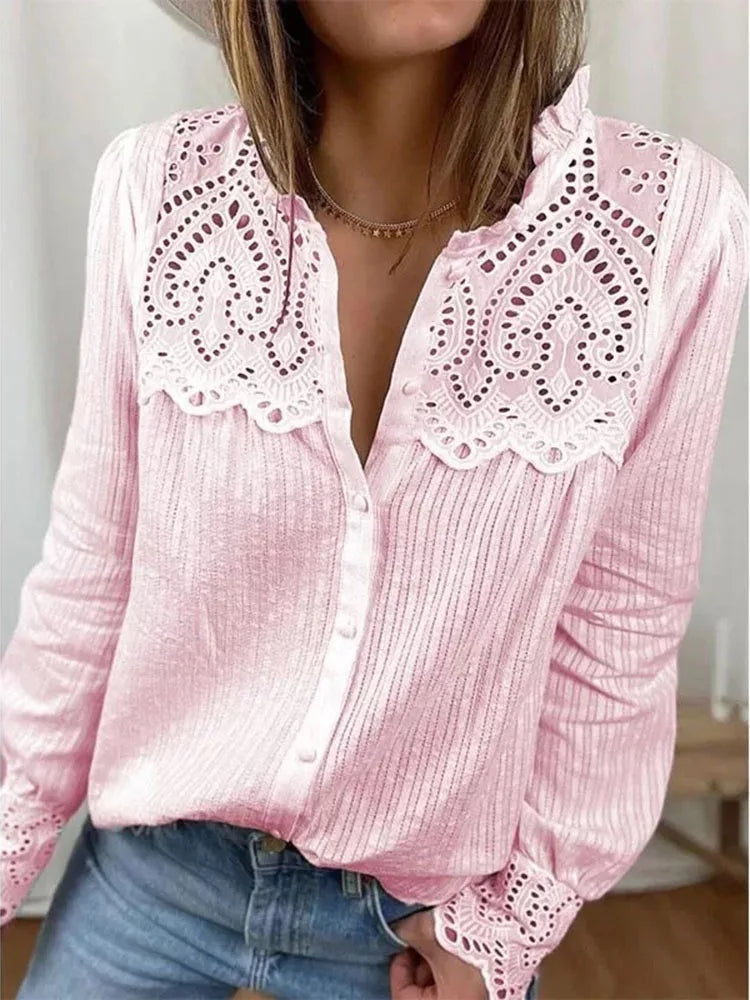 Casual Lace O-neck Loose Blouse