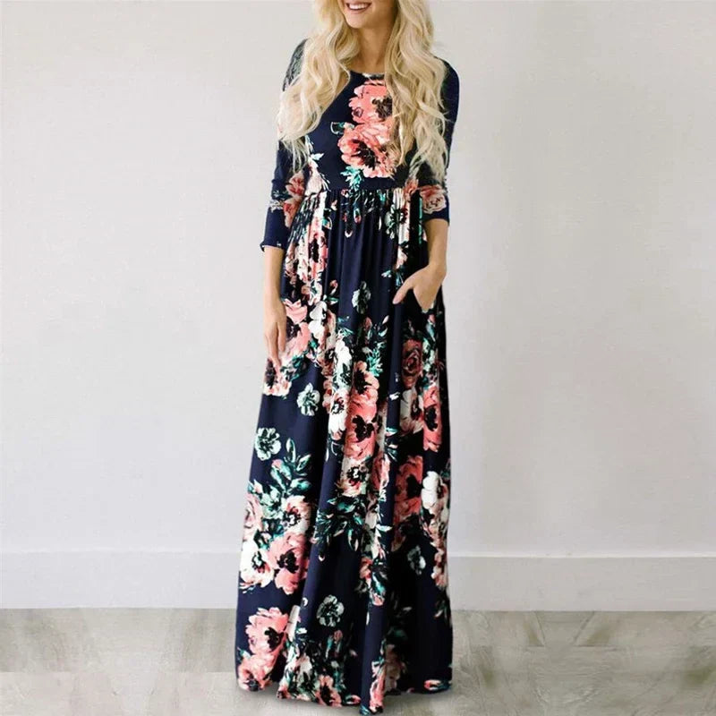 Floral Print Round Neck Long Sleeve Maxi Dress