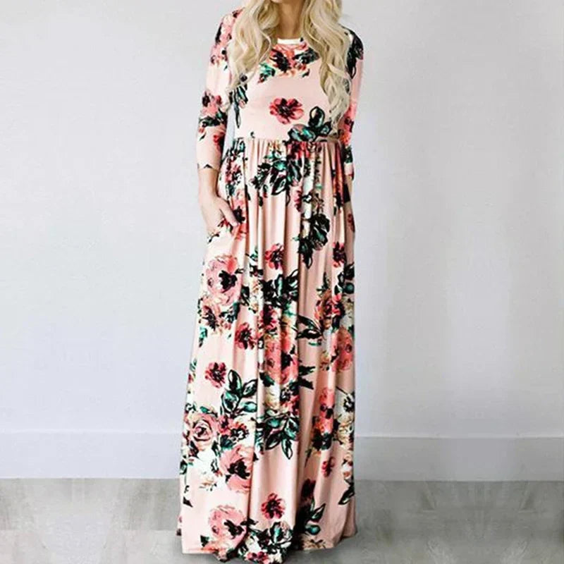 Floral Print Round Neck Long Sleeve Maxi Dress