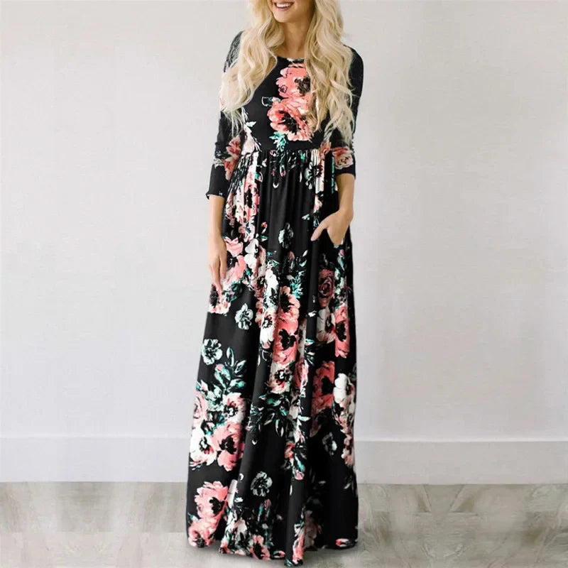 Pink Boho Floral Maxi Floral Dress
