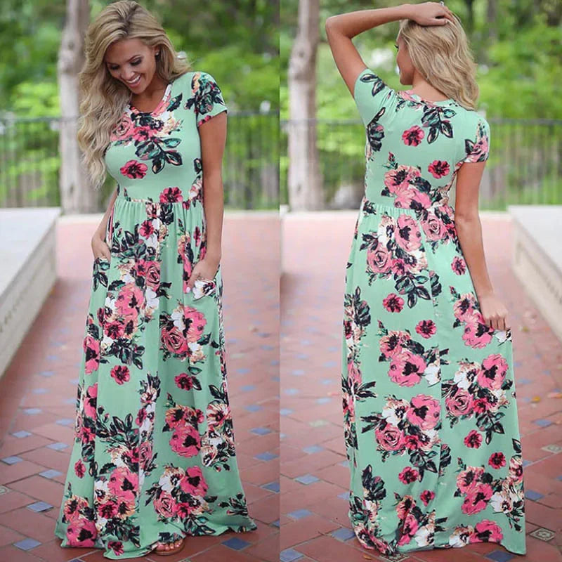 Pink Boho Floral Maxi Floral Dress