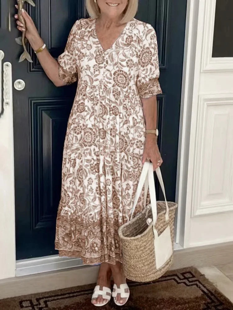 Tie-dye V-neck Floral Dress Plus Size Loose Summer Dress