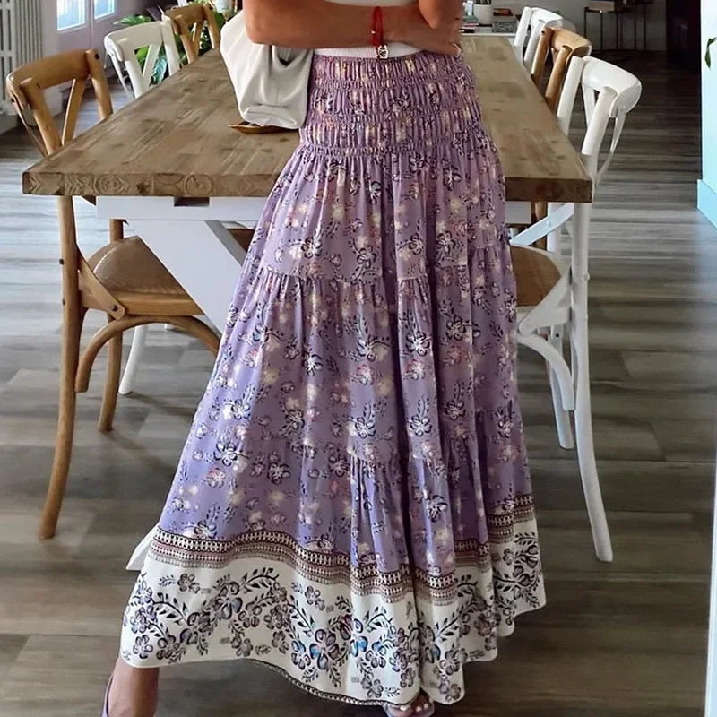 Summer New Women's Printing Skirt Elastic High Waist Pleated Boho