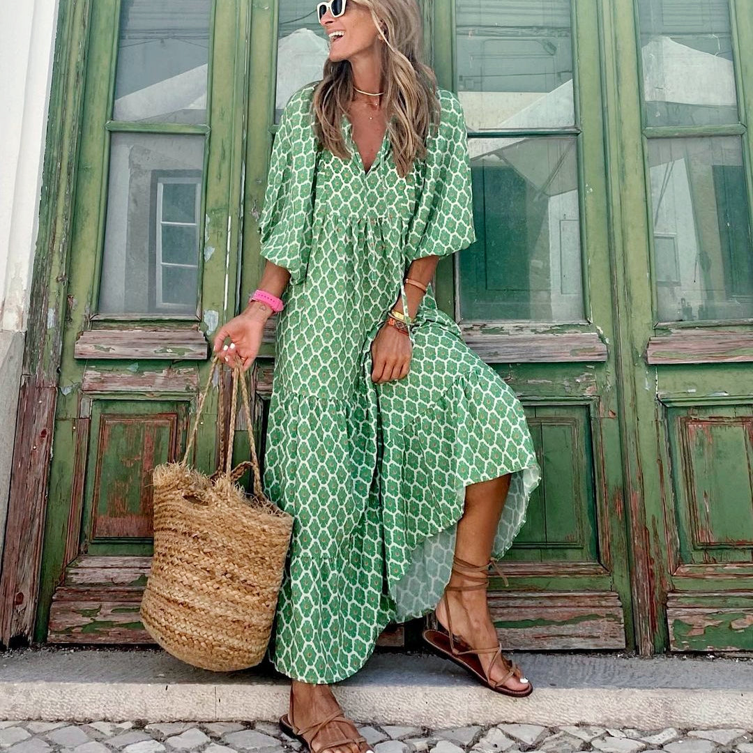 Geometric-Print V-Neck Puff-Sleeve Tiered Maxi Dress