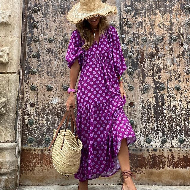 Geometric-Print V-Neck Puff-Sleeve Tiered Maxi Dress 4