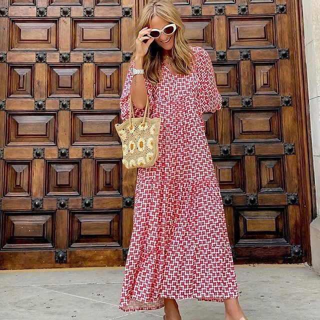 Geometric-Print V-Neck Puff-Sleeve Tiered Maxi Dress 9
