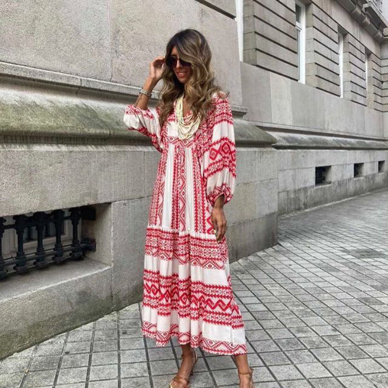 Geometric-Print V-Neck Puff-Sleeve Tiered Maxi Dress 10