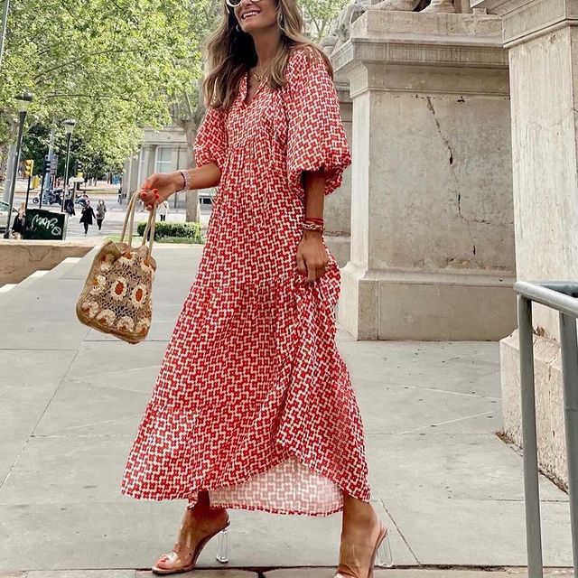 Geometric-Print V-Neck Puff-Sleeve Tiered Maxi Dress 5
