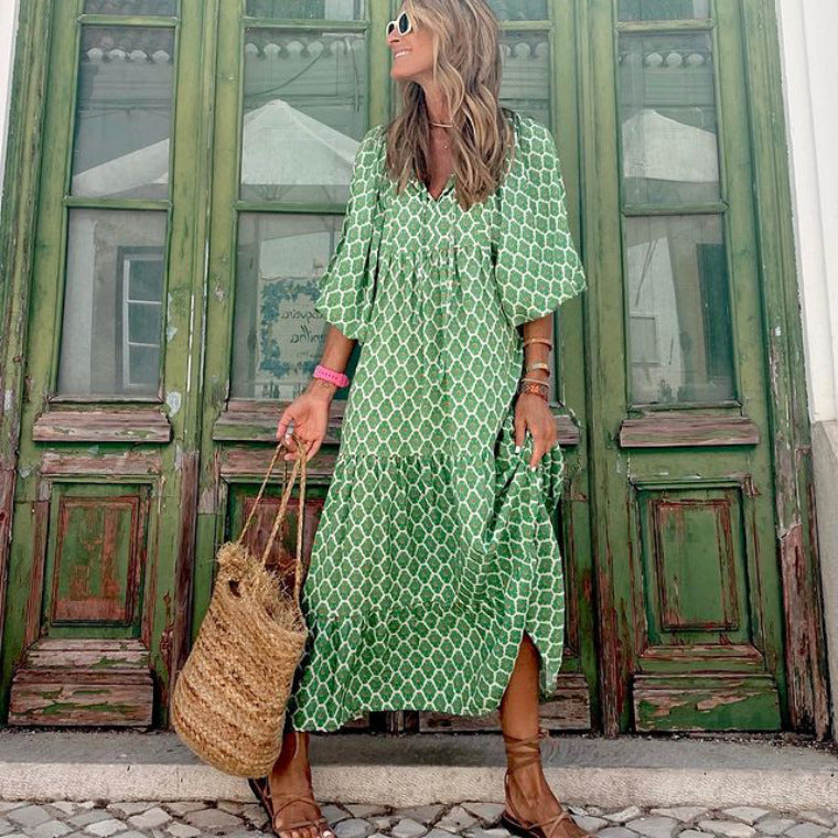 Geometric-Print V-Neck Puff-Sleeve Tiered Maxi Dress 8