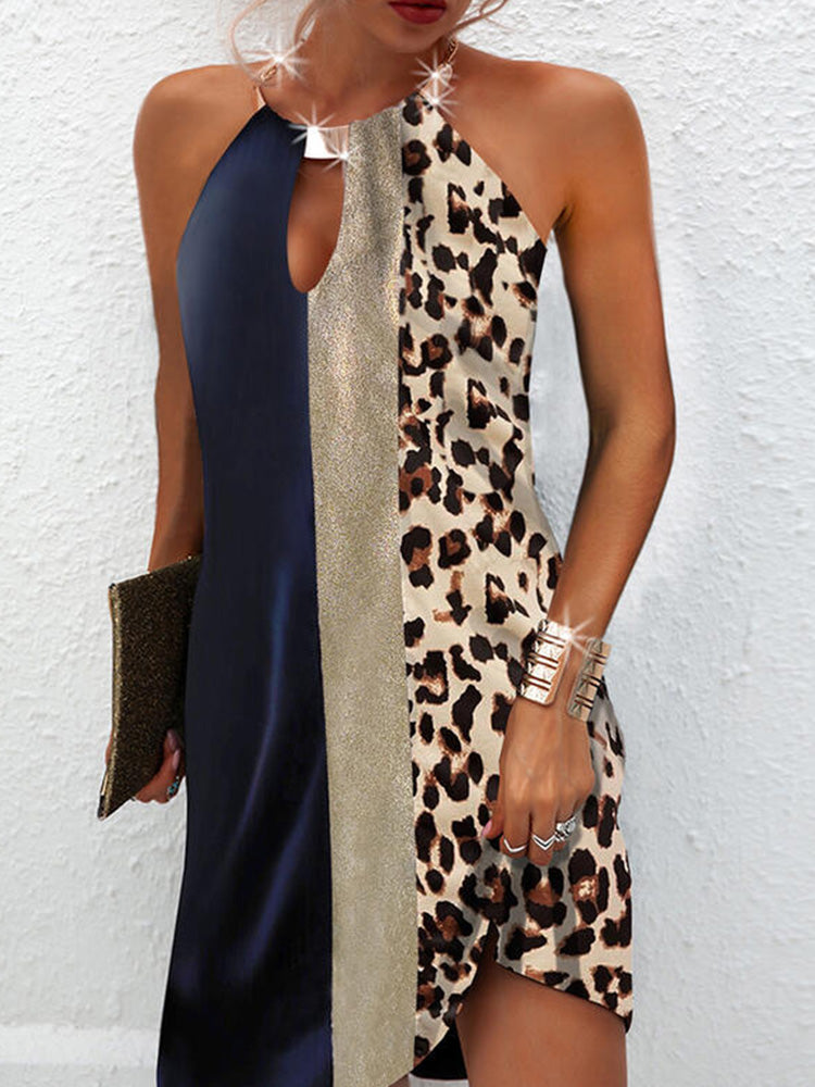 Leopard Patchwork Halter Sleeveless Shift Mini Dress 6