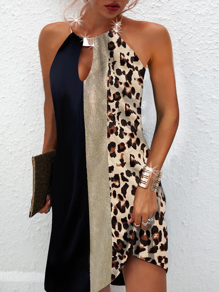Leopard Patchwork Halter Sleeveless Shift Mini Dress 5