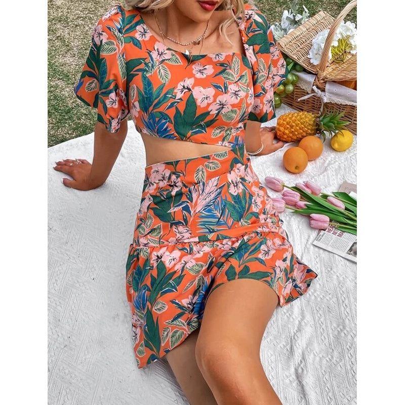 Tropical Print One-Shoulder Puff Sleeve Cutout Mini Dress 3