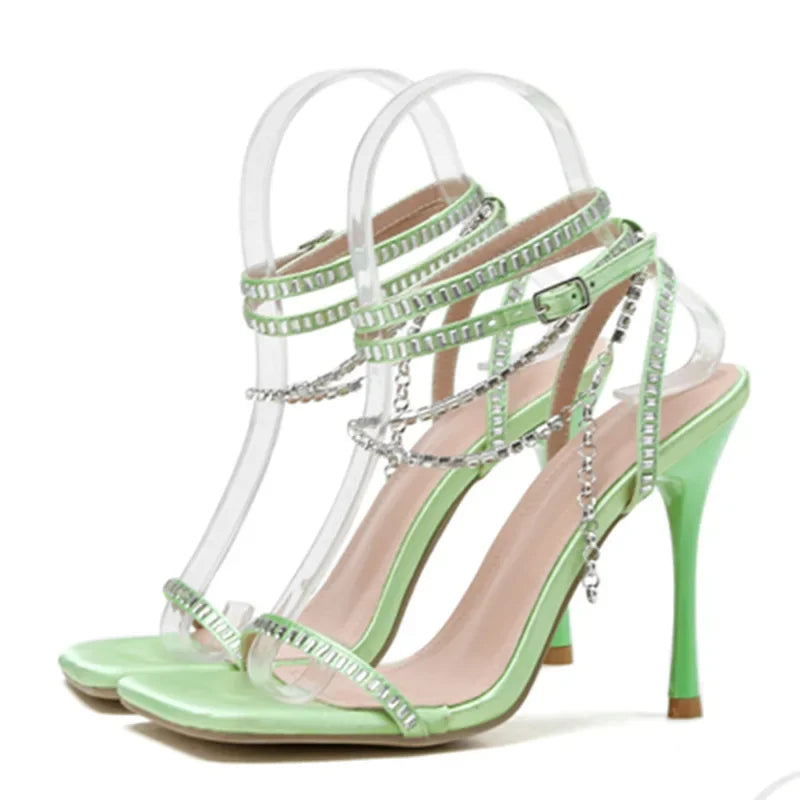 Sassy Summer High Heel Square Toe Crystal Chain Ankle Buckle High Heel