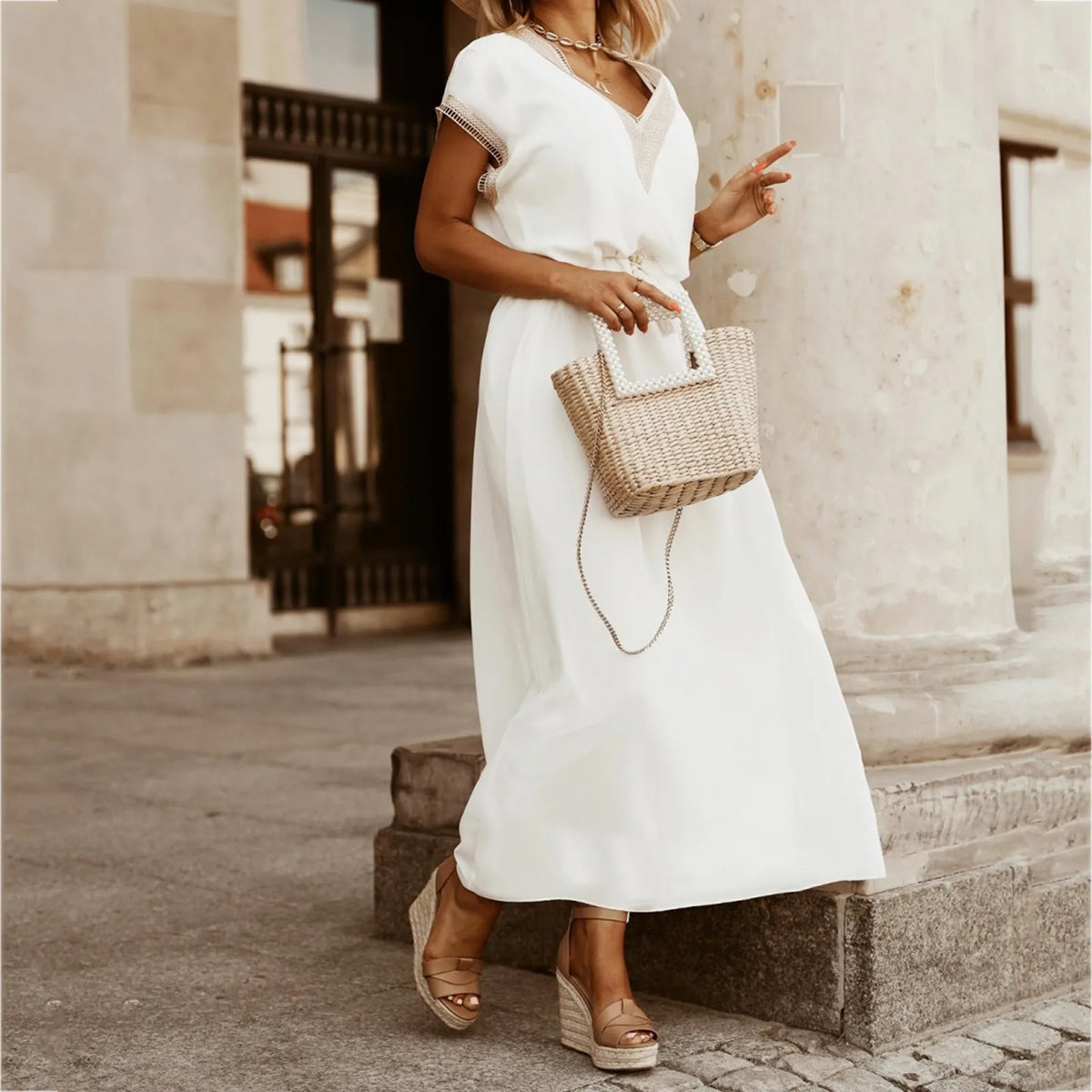 Summer V Neck Short Sleeve Office Lace-Up Loose Commuter Bat Sleeve V-Neck Solid Dress