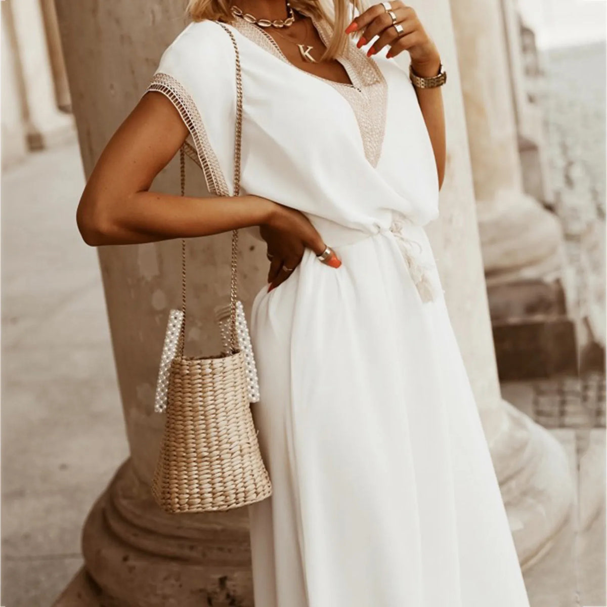 Summer V Neck Short Sleeve Office Lace-Up Loose Commuter Bat Sleeve V-Neck Solid Dress 3