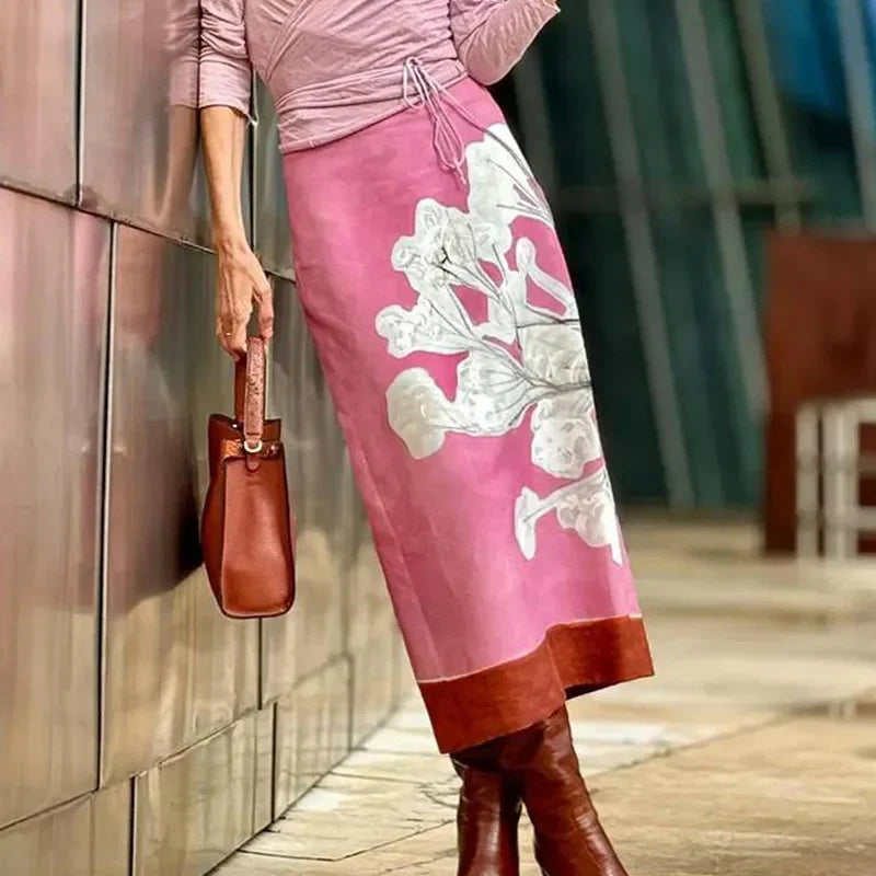 Elegant Pink Floral Printed Mid Waist Slit Midi Pencil Skirt