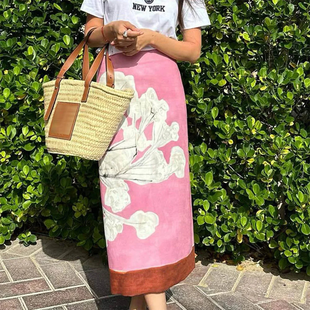 Elegant Pink Floral Printed Mid Waist Slit Midi Pencil Skirt