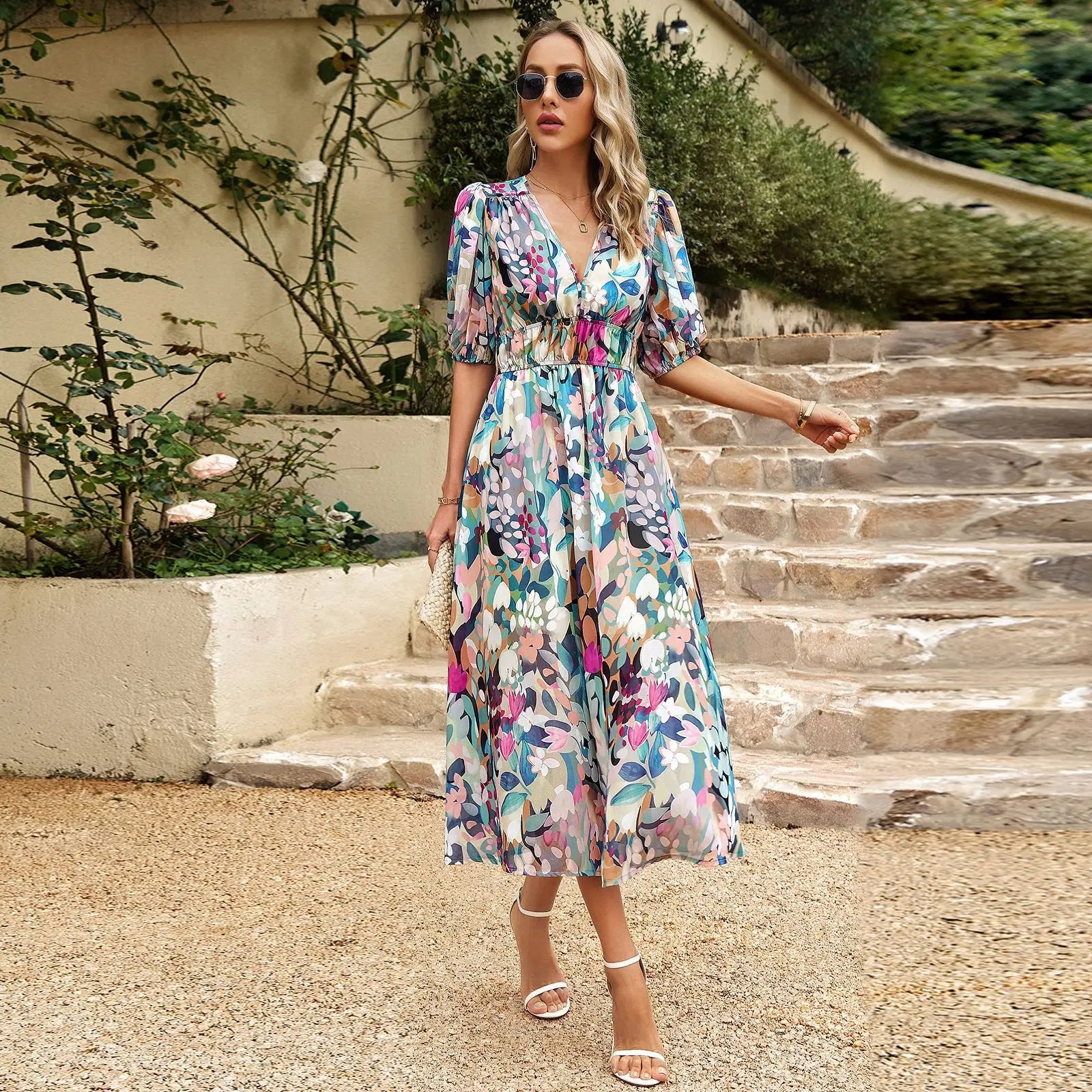 Bohemian Floral A-line Midi Floral Dress