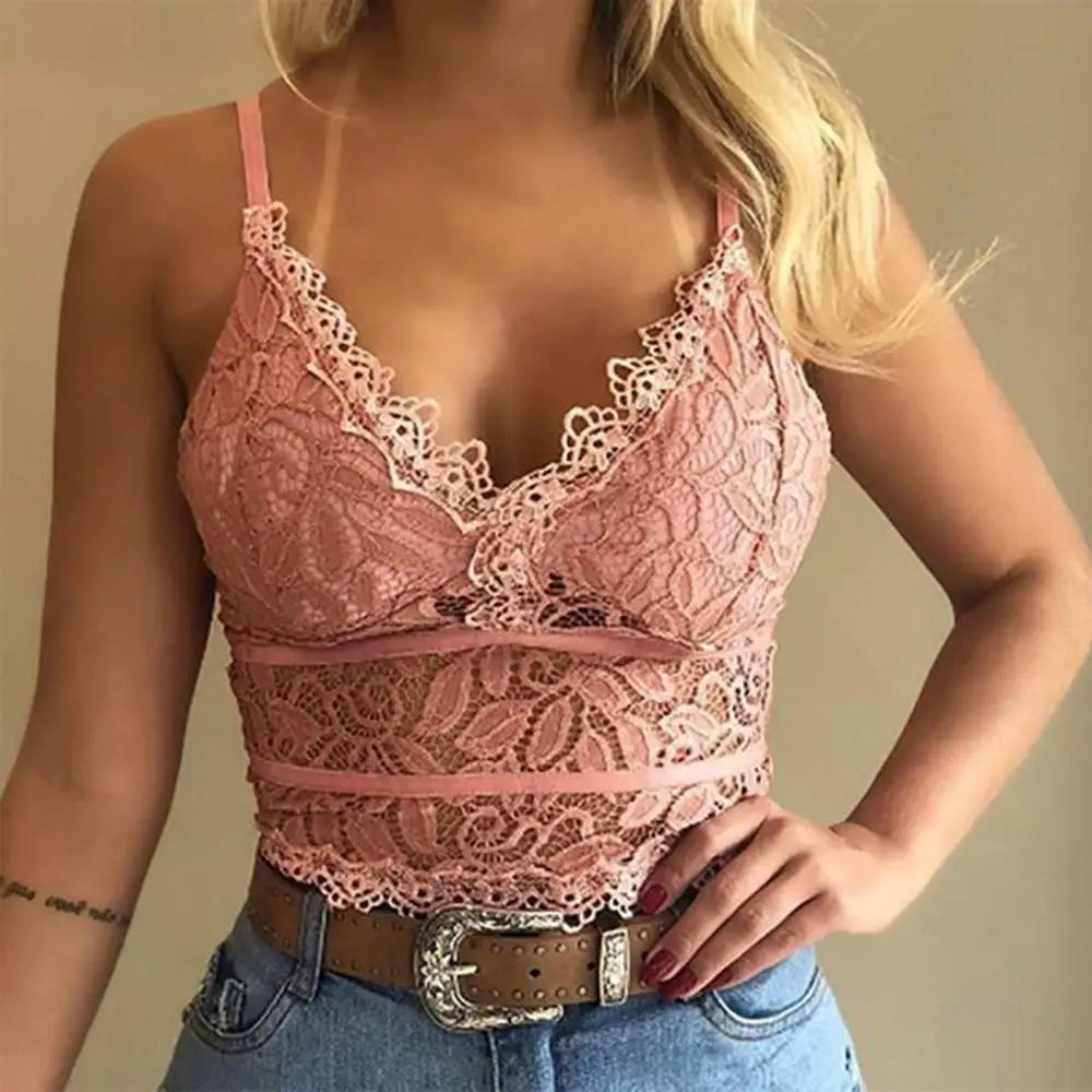 Candy Color Lace V-Neck Camisole Plus Size Bralette Vest Pink / S croptop-250126