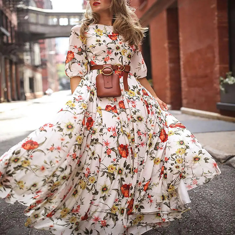 Floral Print Boat Neck Puff Sleeve Belted Maxi Dress