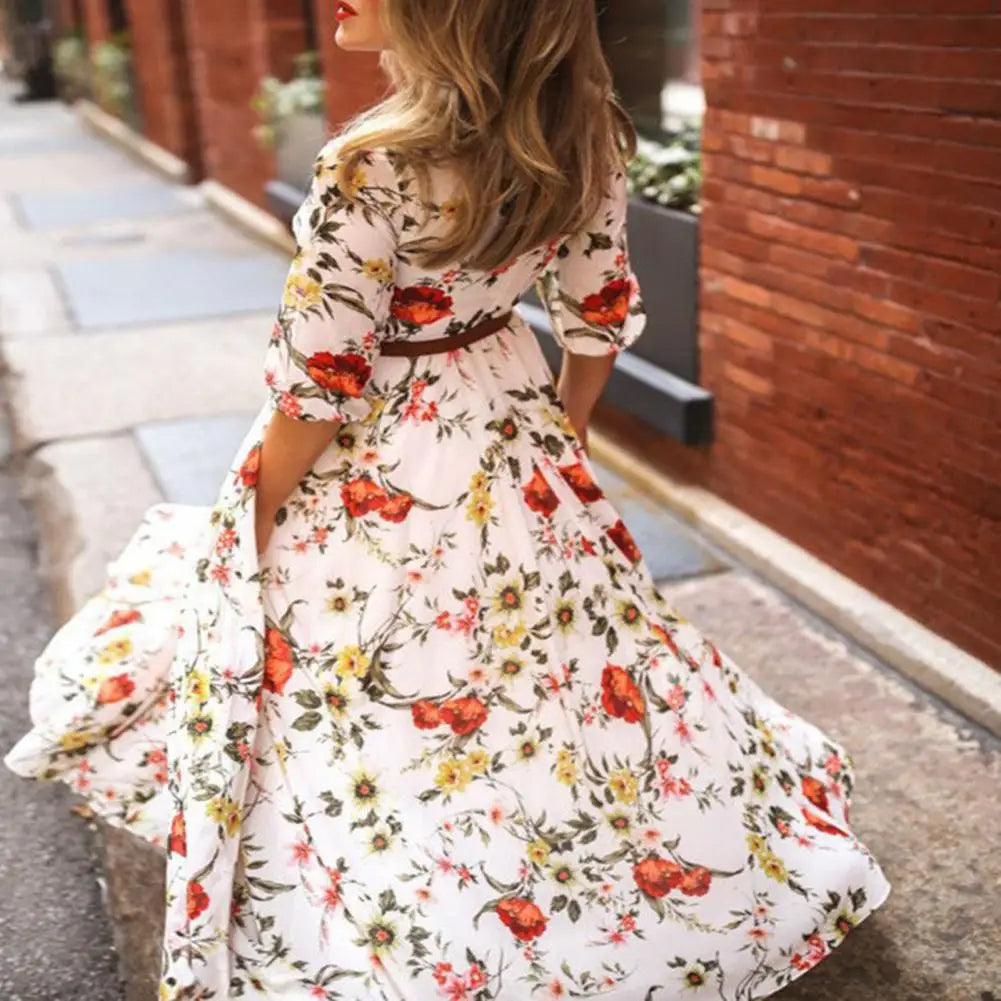 Floral Print Boat Neck Puff Sleeve Belted Maxi Dress