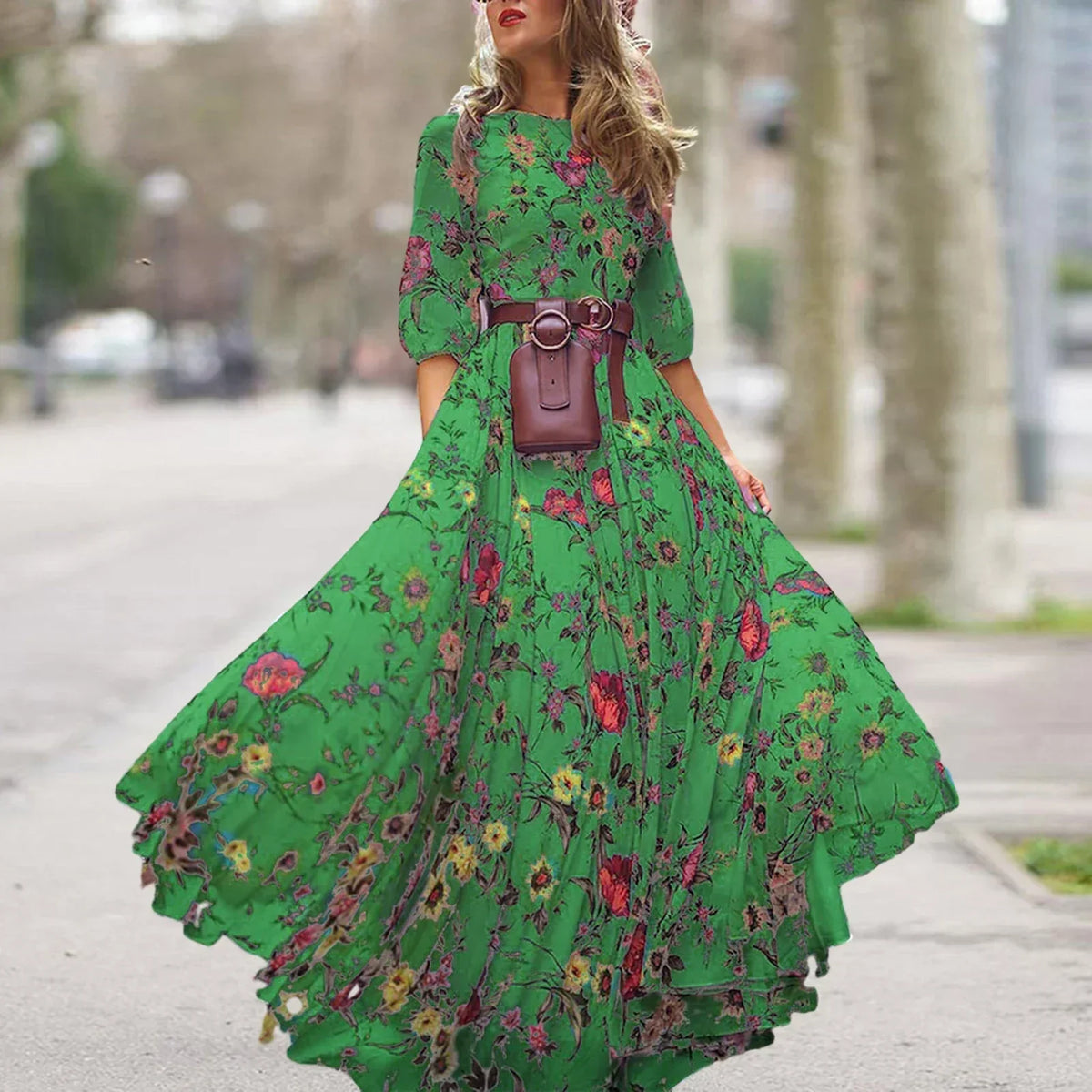 Maxi Dress Flower Print Pleated Swing Evening Dress Green / S floraldress-250126