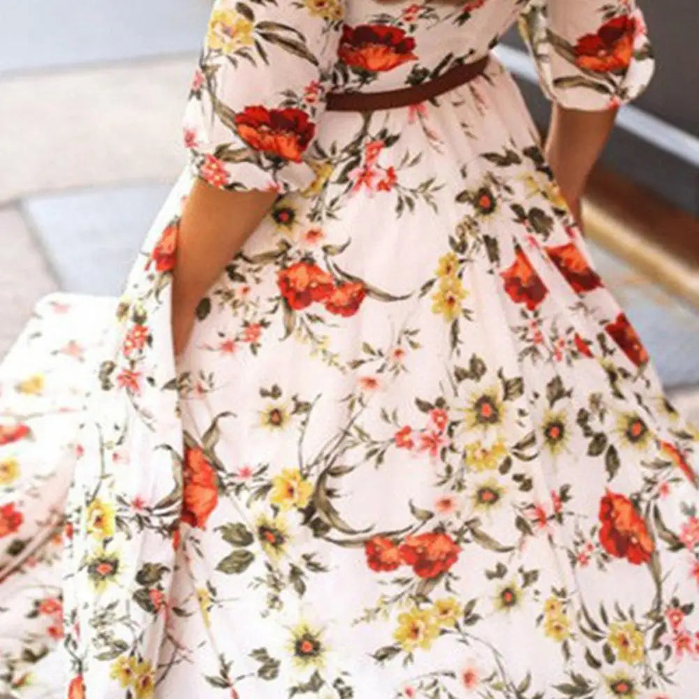 Floral Print Boat Neck Puff Sleeve Belted Maxi Dress