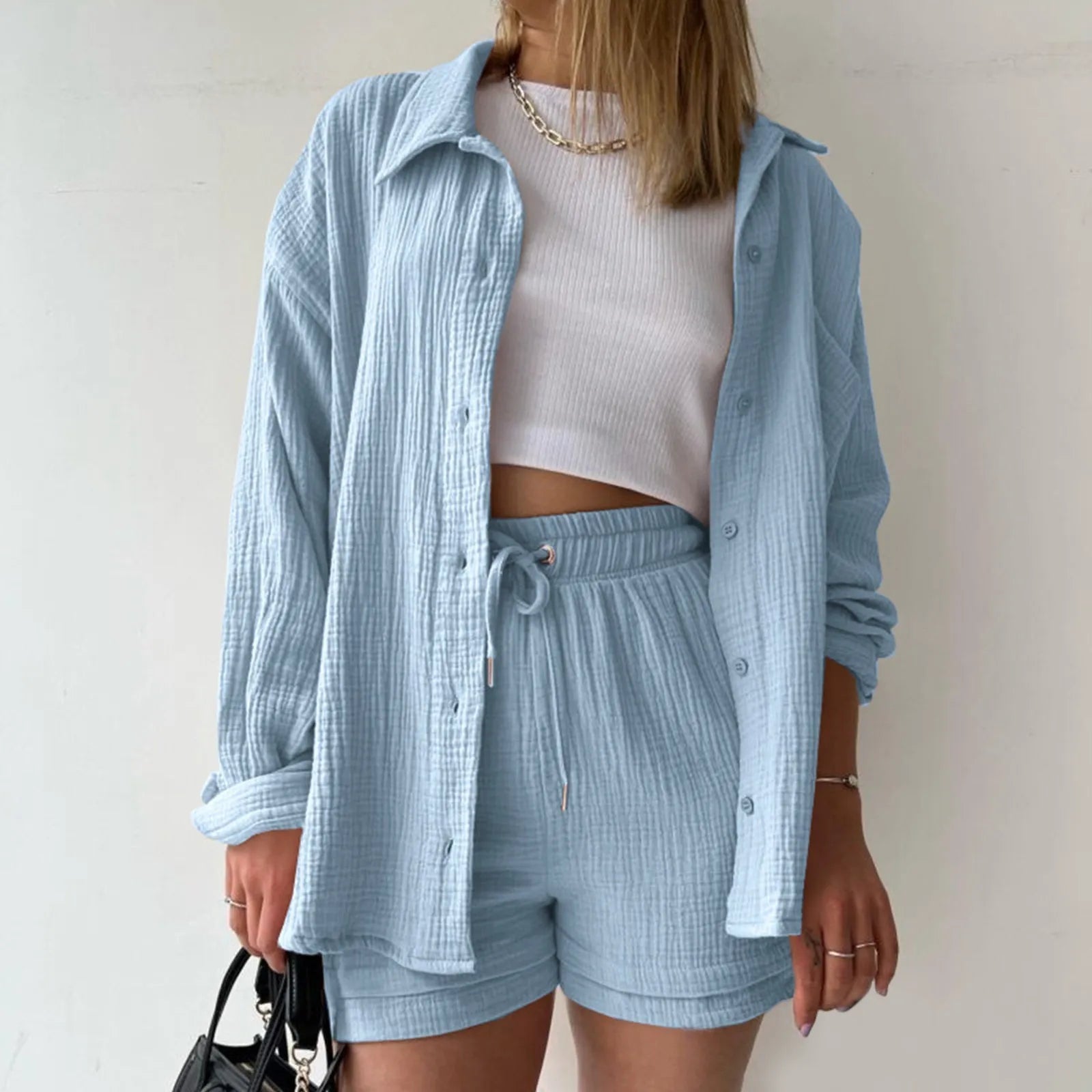 Blue Solid Drawstring Shorts Office Two Piece Set