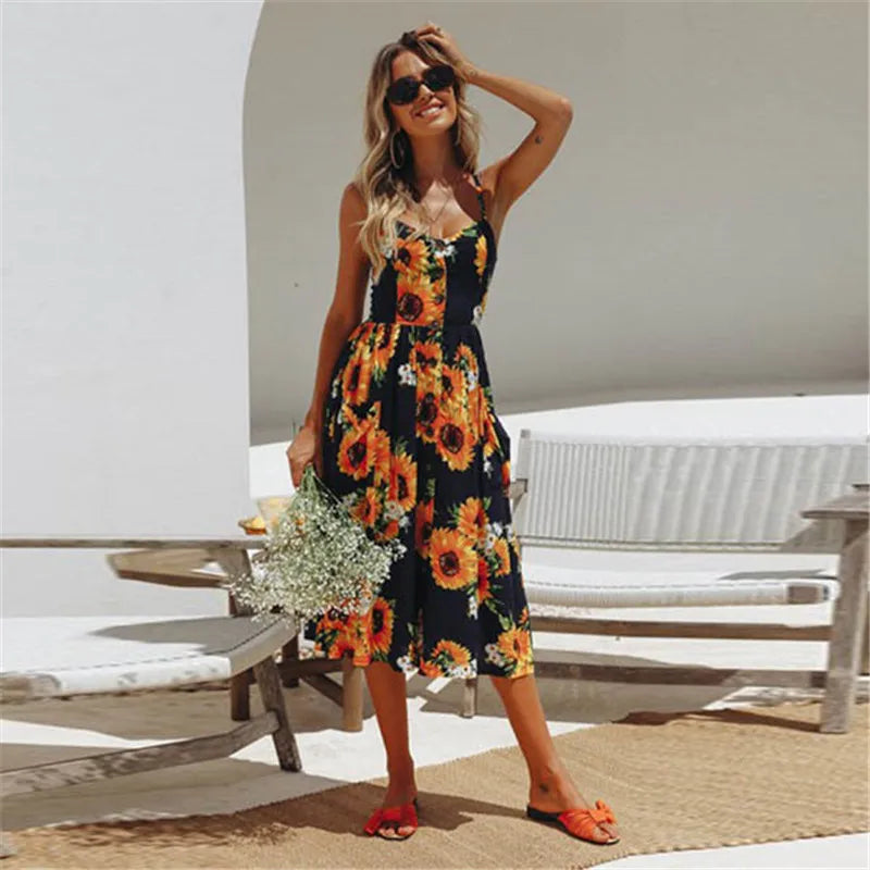 Floral Print Square Neck Button Front Midi Dress