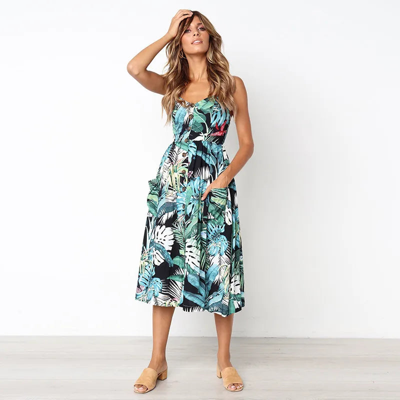 Floral Print Square Neck Button Front Midi Dress