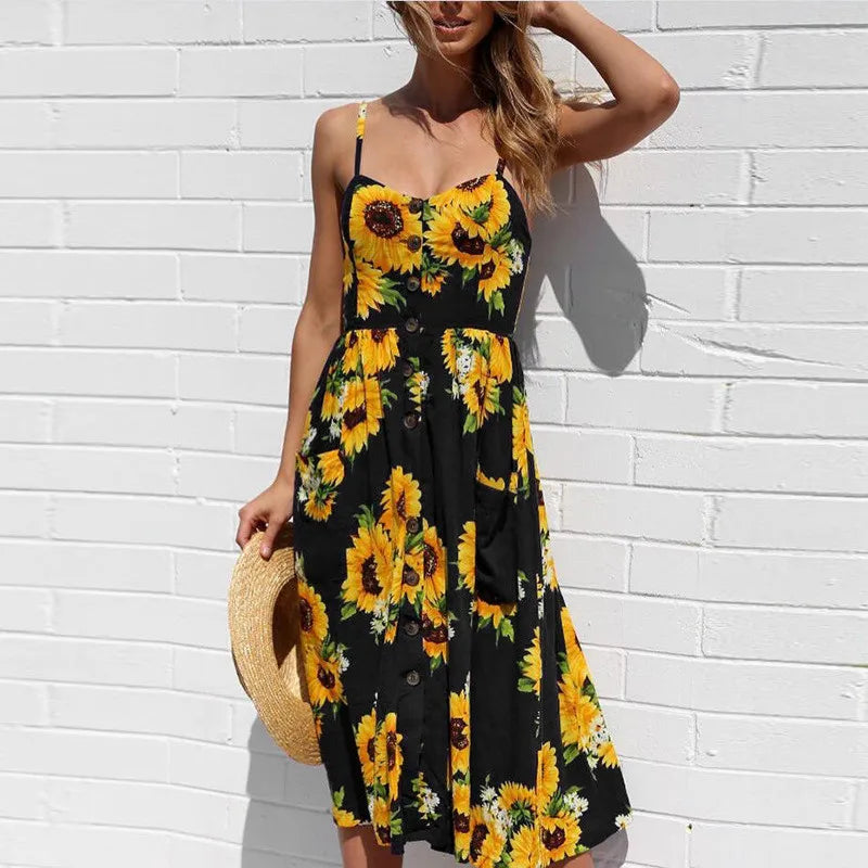 Floral Print Square Neck Button Front Midi Dress