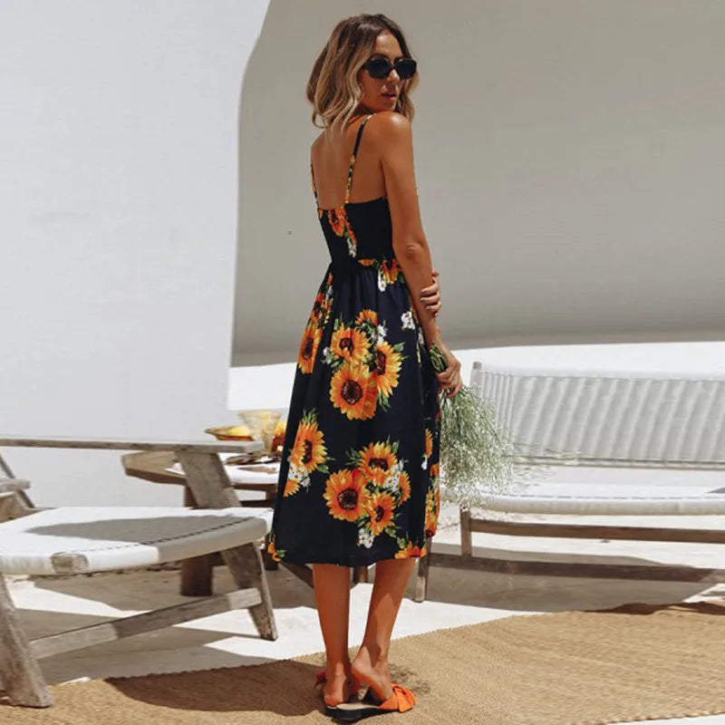 Floral Print Square Neck Button Front Midi Dress