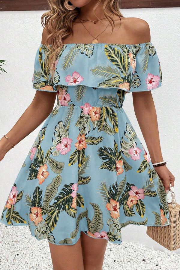 Summer Mini Printed Off-shoulder A-Line Ruffle Dress
