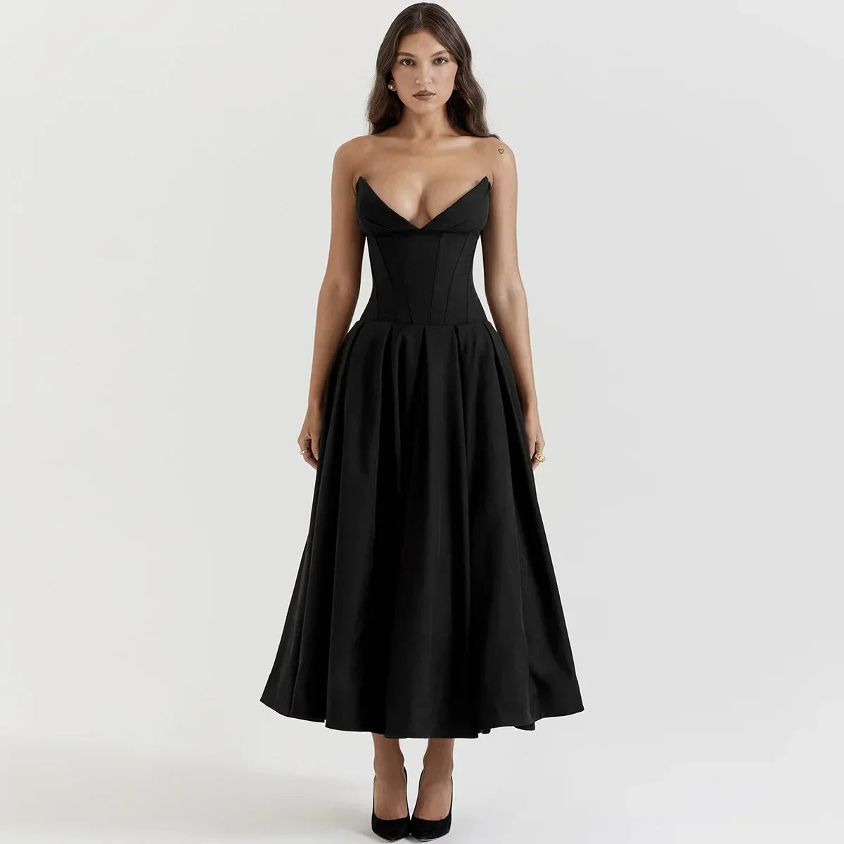 Corset Deep V-Neck Strapless A-Line Midi Dress